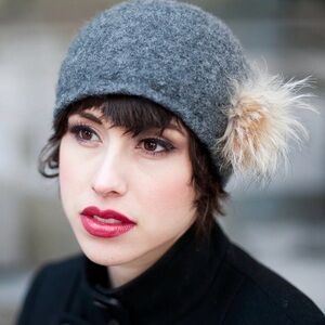 Julie Sinden Gray Wool Beanie with genuine Fur Pom handmade